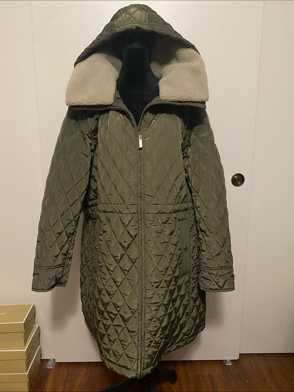Michael Kors Quilted Hooded Parka Jacket in Olive Green